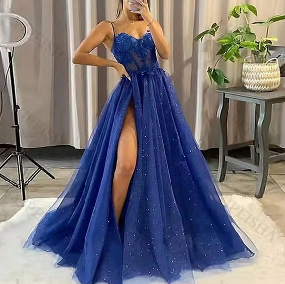 Dresses & Skirts - Lace Tulle Evening Dresses Spaghetti Straps Sexy High Slit Long Formal